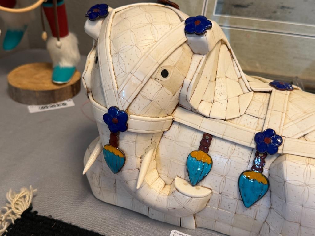 20TH CENTURY HAND CRAFTED BONE ELEPHANT SCULPTURE WITH CLOISONNE ENAMELED ELEMENTS - 2