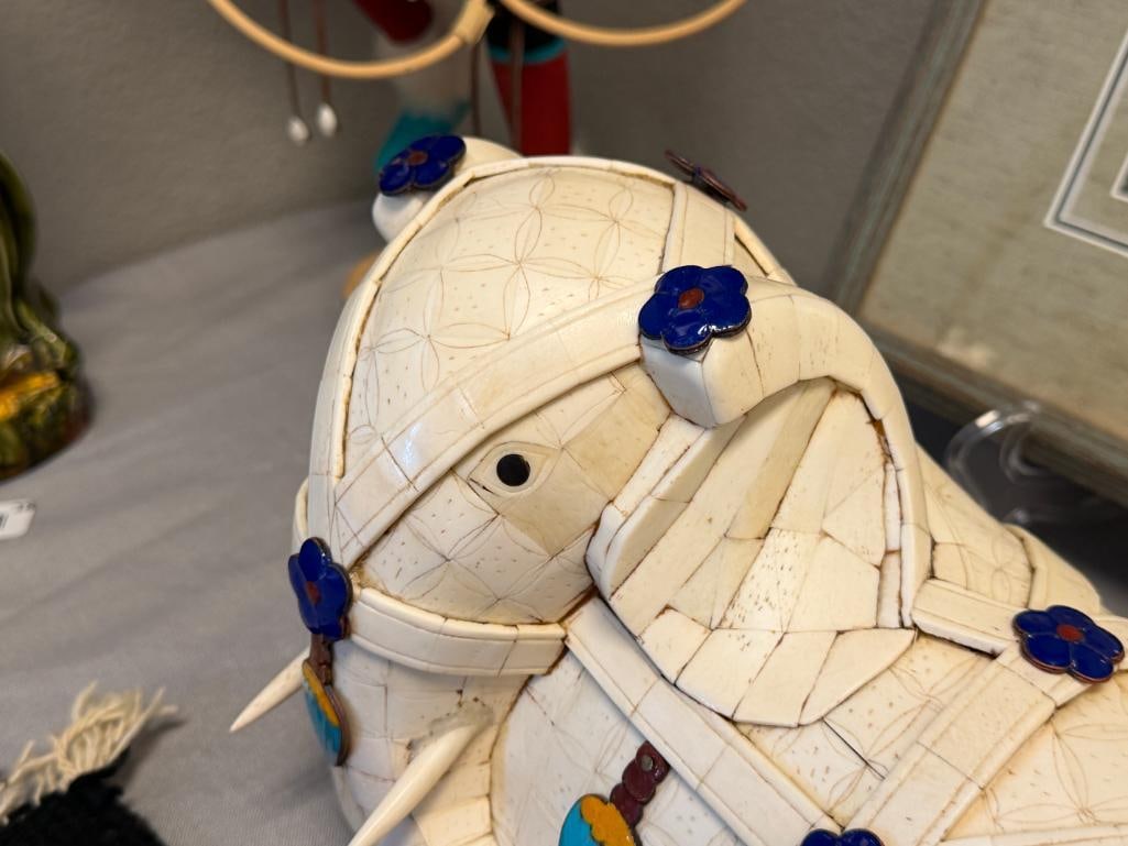 20TH CENTURY HAND CRAFTED BONE ELEPHANT SCULPTURE WITH CLOISONNE ENAMELED ELEMENTS - 3