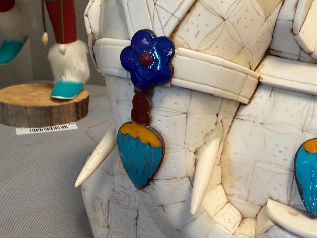 20TH CENTURY HAND CRAFTED BONE ELEPHANT SCULPTURE WITH CLOISONNE ENAMELED ELEMENTS - 4