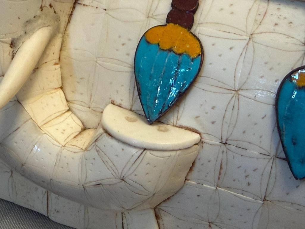 20TH CENTURY HAND CRAFTED BONE ELEPHANT SCULPTURE WITH CLOISONNE ENAMELED ELEMENTS - 5