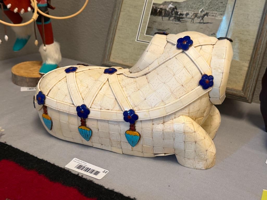 20TH CENTURY HAND CRAFTED BONE ELEPHANT SCULPTURE WITH CLOISONNE ENAMELED ELEMENTS - 6