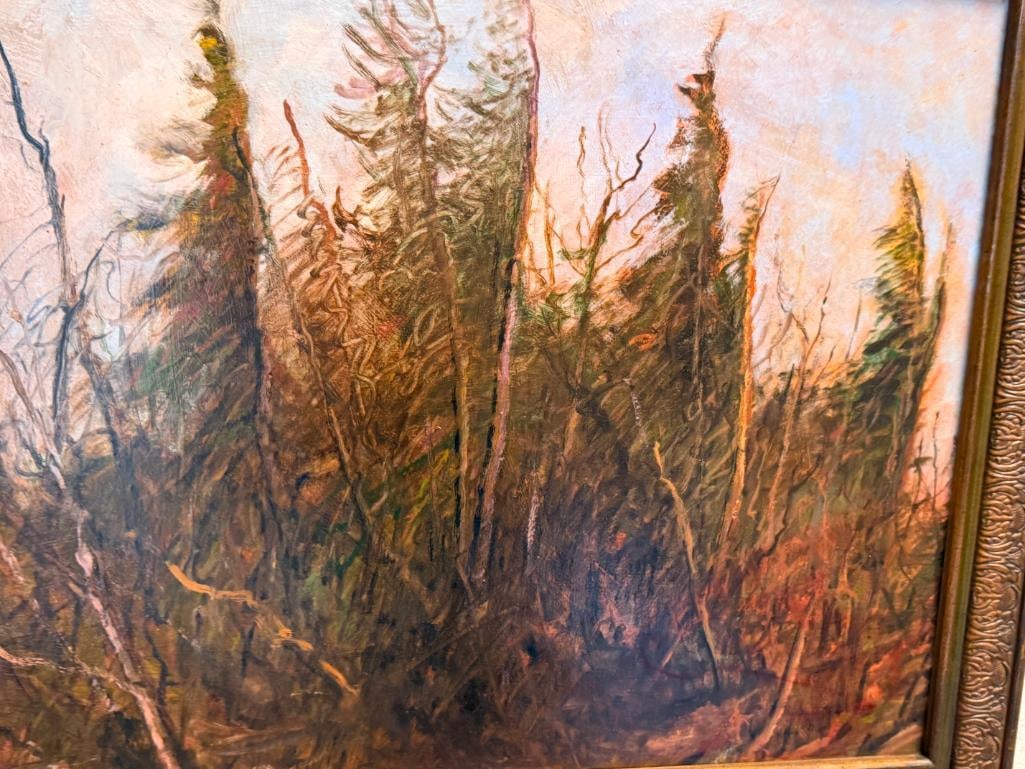 DAVID STIRLING AMERICAN PLEIN AIR ARTIST ORIGINAL OIL ON BOARD PAINTING TITLED ALPINE SPRUCE TREES - 2