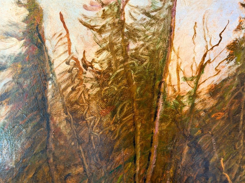 DAVID STIRLING AMERICAN PLEIN AIR ARTIST ORIGINAL OIL ON BOARD PAINTING TITLED ALPINE SPRUCE TREES - 3