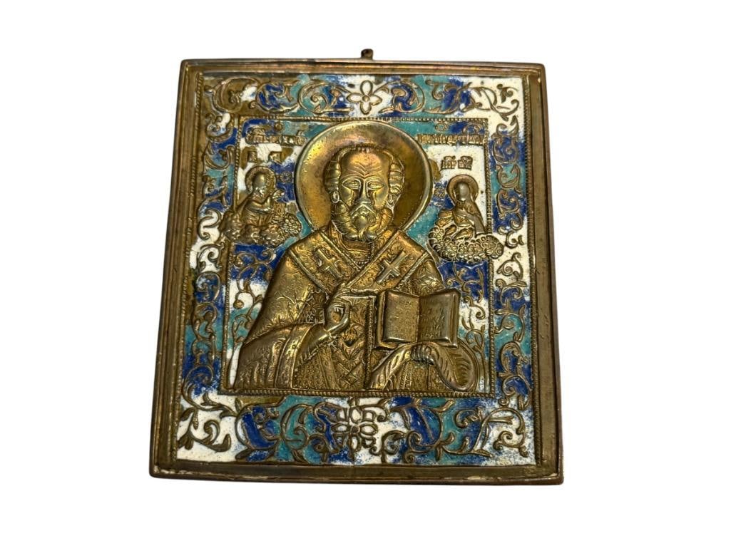 19TH CENTURY RUSSIAN TRAVEL RELIGOUS ICON BRASS ENAMELED PLAQUE OF ST. NICHOLAS (1 of 6)