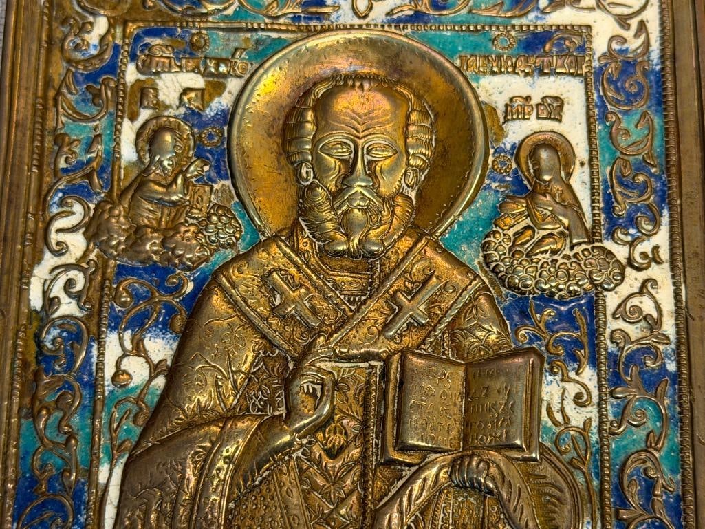 19TH CENTURY RUSSIAN TRAVEL RELIGOUS ICON BRASS ENAMELED PLAQUE OF ST. NICHOLAS - 2