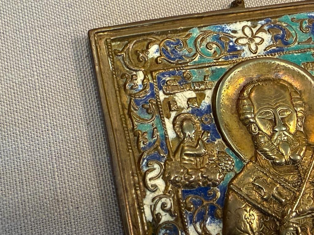 19TH CENTURY RUSSIAN TRAVEL RELIGOUS ICON BRASS ENAMELED PLAQUE OF ST. NICHOLAS - 3