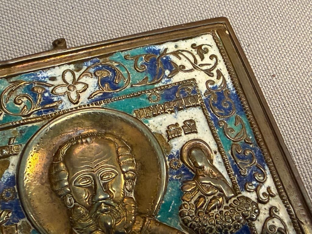 19TH CENTURY RUSSIAN TRAVEL RELIGOUS ICON BRASS ENAMELED PLAQUE OF ST. NICHOLAS - 4