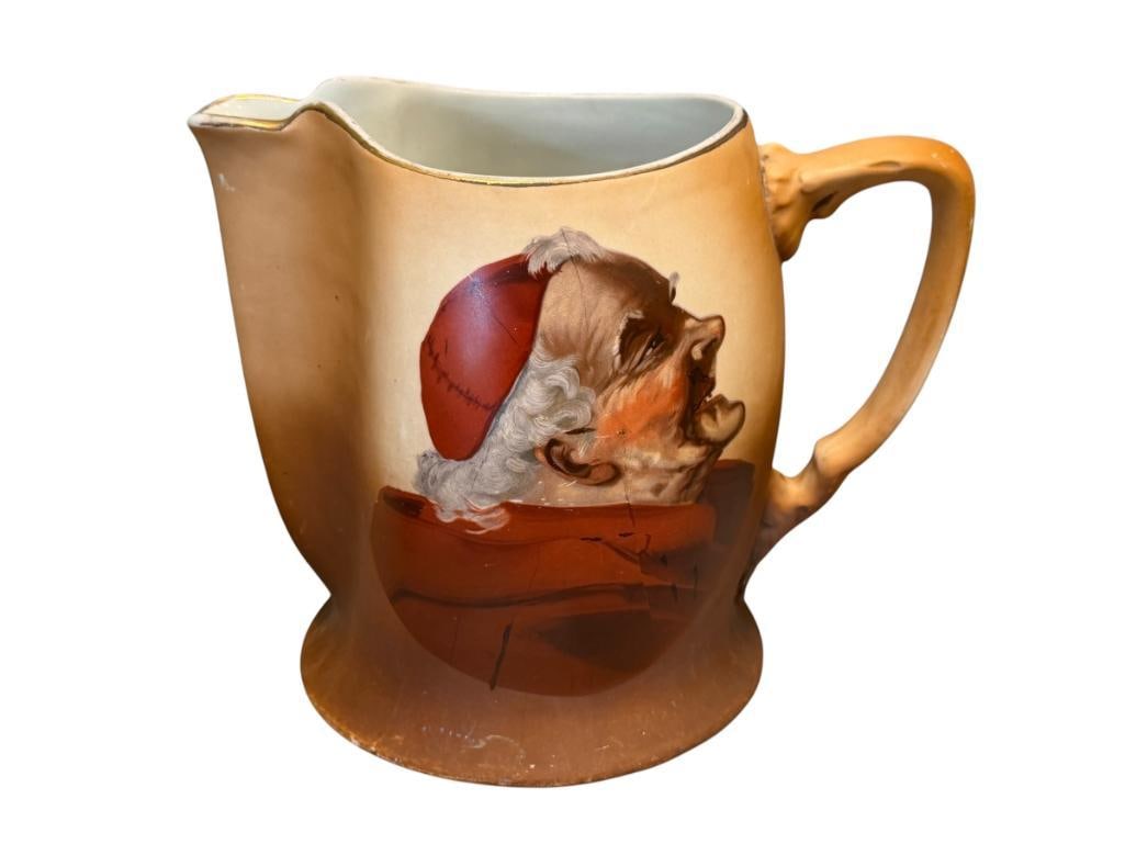 VINTAGE WARWICK CARDINAL MONK PORCELAIN TOKIO JUG WATER PITCHER: LARGE PORCELAIN WATER PITCHER WITH IMAGERY OF A MONK IN TWO TONE BROWN WITH GILT ACCENTS, MARKED ON THE BOTTOM, JUG DOES SHOW SOME LIGHT WEAR (SCUFFS / SCRATCHES) 7 1/2" H