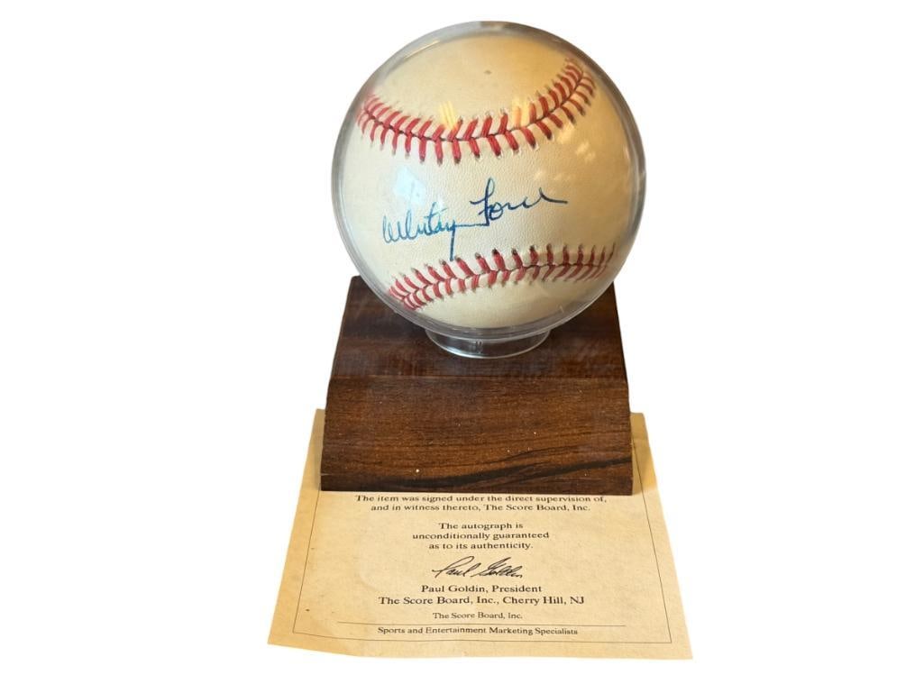 AUTOGRAPHED WHITEY FORD HALL OF FAMER BASEBALL: RAWLINGS BASEBALL SIGNED IN BLUE INK, WITH BAASEBALL DISPLAY, CERTIFICATE BY THE SCOREBOARD INC.