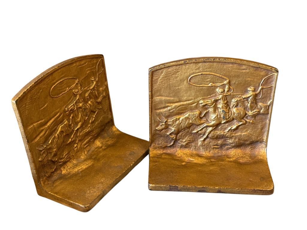 ANTIQUE HEAVY GILT CAST IRON WESTERN / COWBOY RELIEF BOOKENDS POSSIBLY HUBLEY CIRCA 1920'S (1 of 6)