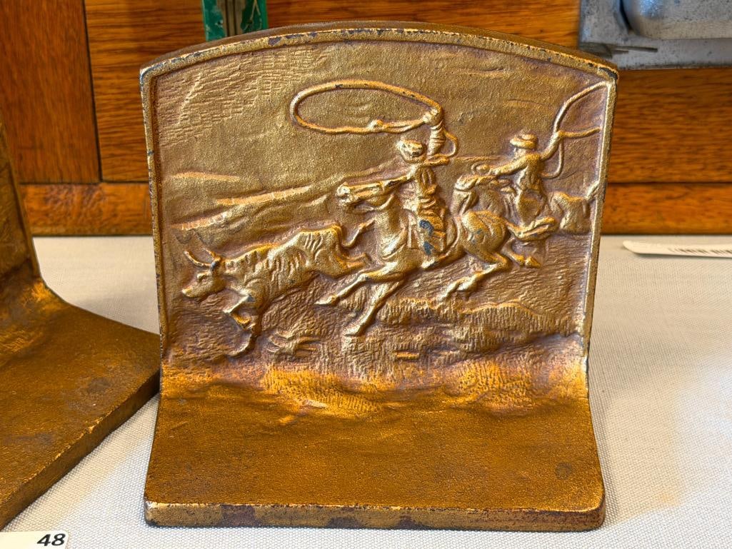 ANTIQUE HEAVY GILT CAST IRON WESTERN / COWBOY RELIEF BOOKENDS POSSIBLY HUBLEY CIRCA 1920'S - 2