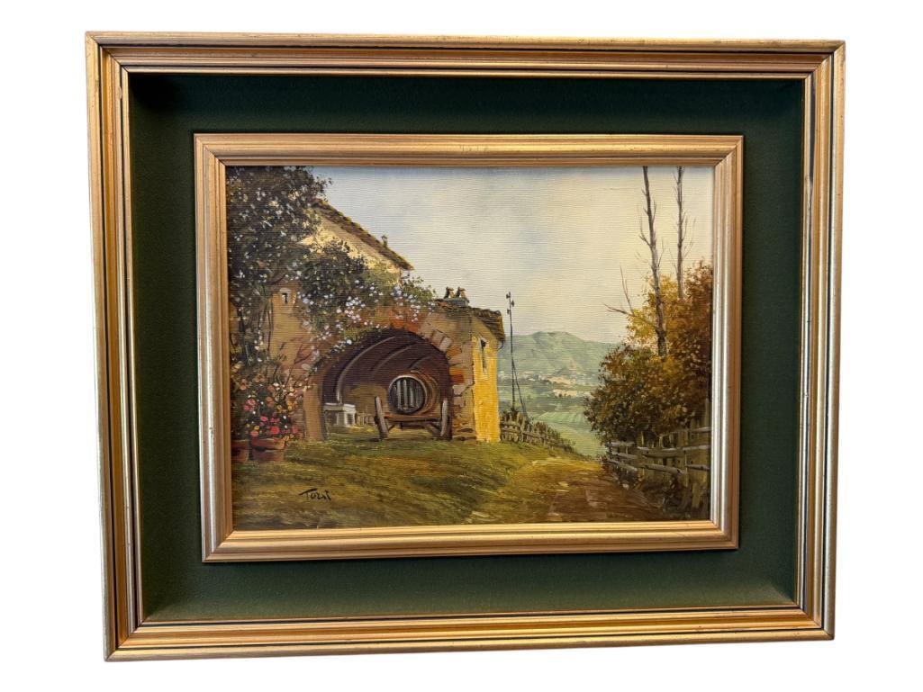 LUCIANO TORSI ITALIAN BORN ARTIST ORIGINAL OIL ON CANVAS PAINTING LANDSCAPE OF CARRARA, ITALY: ART DEPICTS SCENE OF COUNTRY SIDE OF ITALY WITH STONE BUILDINGS, HILLS, VINEYARDS, SIGNED LOWER LEFT, ARTIST INFO ON THE BACK, FRAMED 23" X 19" FRAME