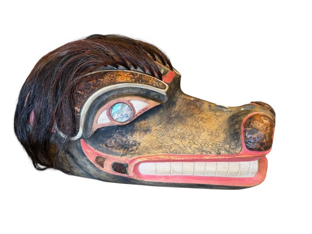 NORTHWEST COAST HAND CRAFTED KWAKWAKA'WAKW CEREMONIAL TRANSFORMATION MASK: HAND CRAFTED WOOD MASK WITH NATURAL HAIR, DECORATED WITH ABALONE AND COPPER OVERLAY 16" L