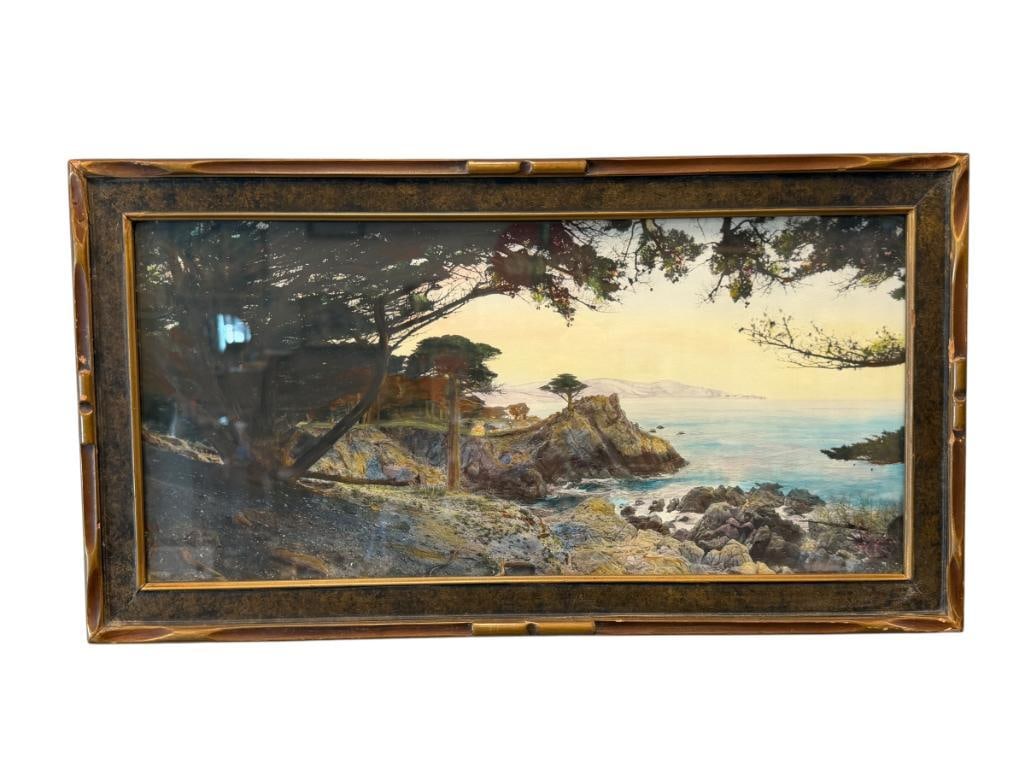 ANTIQUE HAND COLORED PHOTOGRAPH OF ICONIC CYPRESS POINT ON THE MONTEREY PENINSULA: ART DEPICTS ICONIC SCENE OF CYPRESS POINT, HAND WRITTEN NOTE ON THE BACK OF THE FRAME 22 1/2" X 12" FRAME 