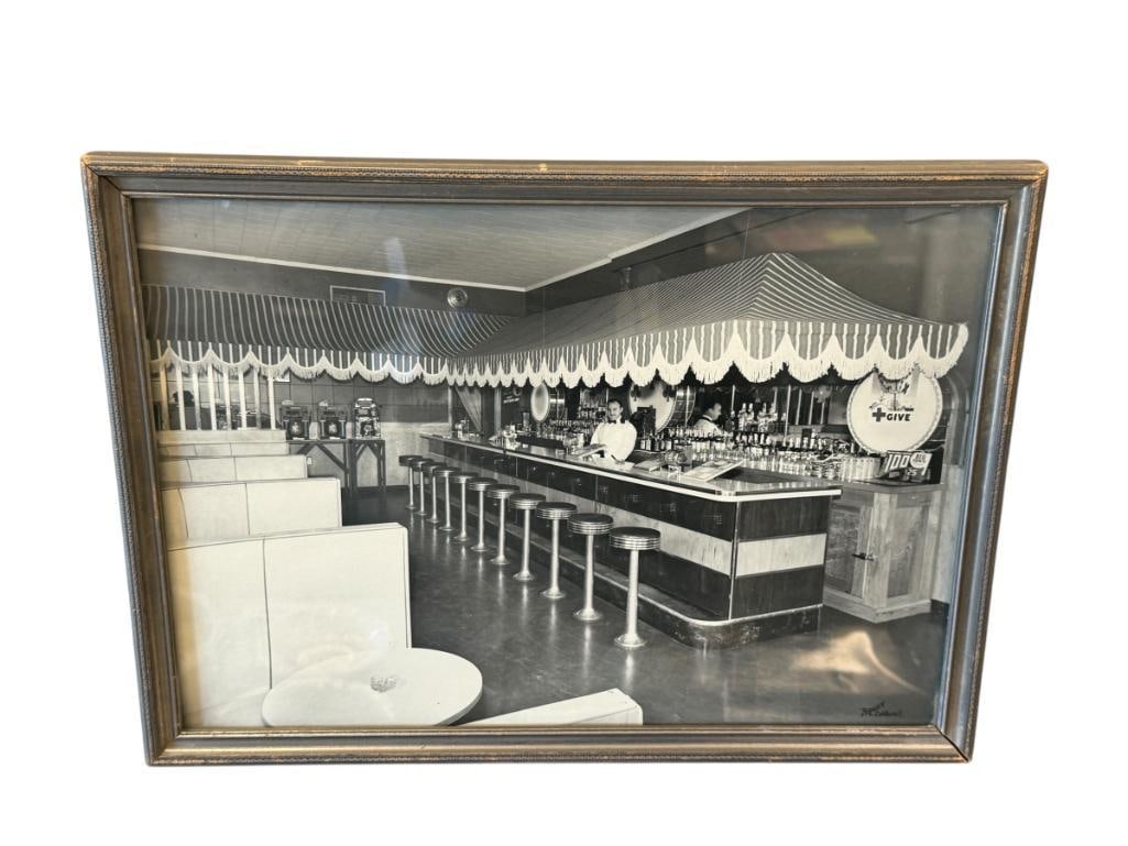 BRAUN CALDWELL PHOTOGRAPHY BLACK AND WHITE PHOTO OF A BAR: PHOTO DEPICTS SCENE OF A BAR, FRAMED 14 1/4" X 10 1/4" FRAME