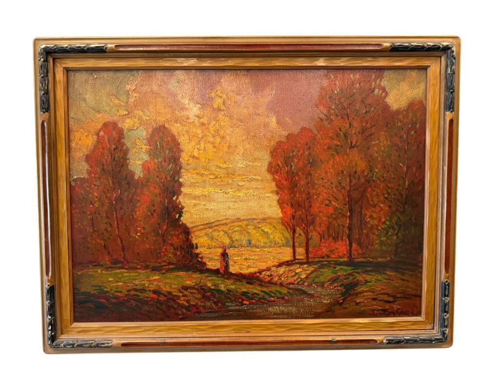 SIGNED ORIGINAL LANDSCAPE OIL PAINITNG ON BOARD: ART DEPICTS MOODY FALL LANDSCAPE WITH WOMAN LOOKING TOWARDS A VALLEY, SIGNED LOWER RIGHT, FRAMED 32" X 24" FRAME