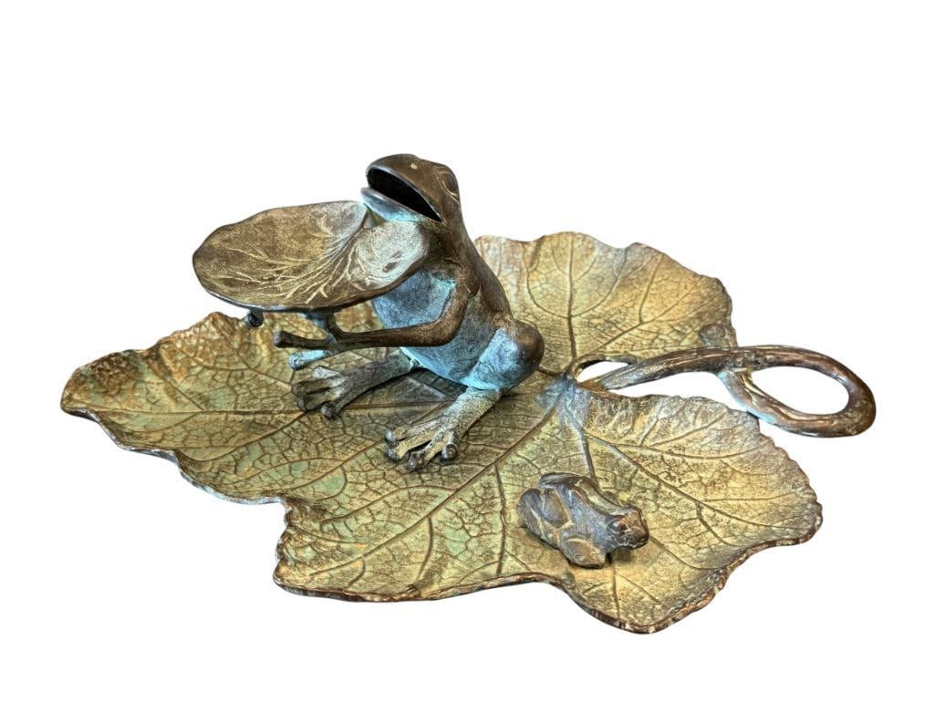 PATINATED METAL FROG AND LEAF DECORATIVE DISH AND FROG AND LILY PAD SMALL DISH: 4 1/2" AND 11"