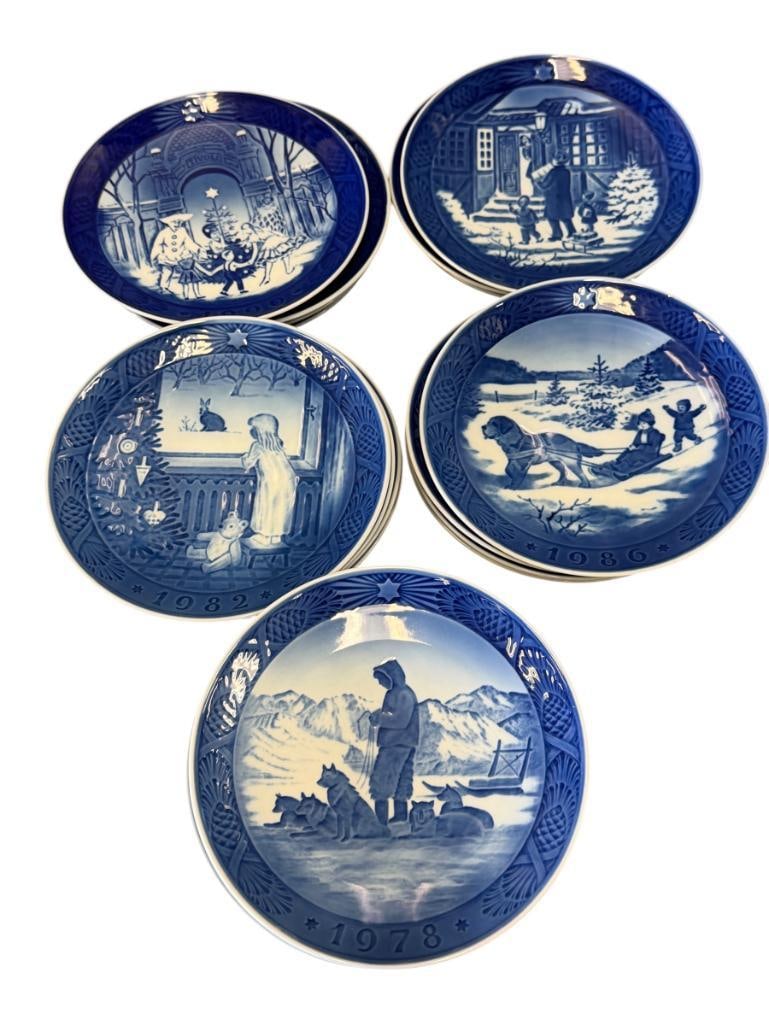 ROYAL COPENHAGEN BLUE AND WHITE PORCELAIN HOLIDAY ANNUAL PLATES MADE IN DENMARK: EACH PLATE HAS IMAGE IN CENTER IN LOW RELIEF ALONG WITH DECORATIVE RIM, EACH IS MARKED ON THE BOTTOM WITH TITLE / NAME OF EACH PLATE 7" ROUND