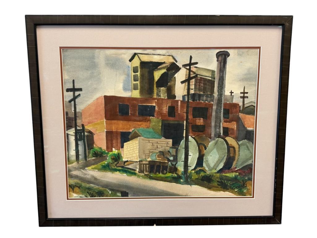 ORIGINAL WATERCOLOR ON PAPER SIGNED GREGORY: ART DEPICTS SCENE OF AN OLD FACTORY WITH SMOKE STACK, SIGNED LOWER RIGHT, FRAMED 31 1/4" X 26 1/4" FRAME
