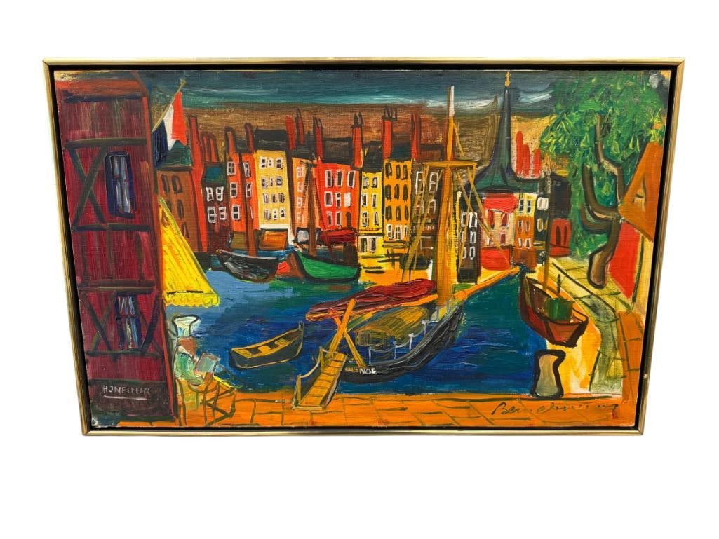 VINTAGE ORIGINAL SIGNED VIBRANT PAINTING ON MASONITE BOARD CITY / HARBOR SCENE (1 of 8)