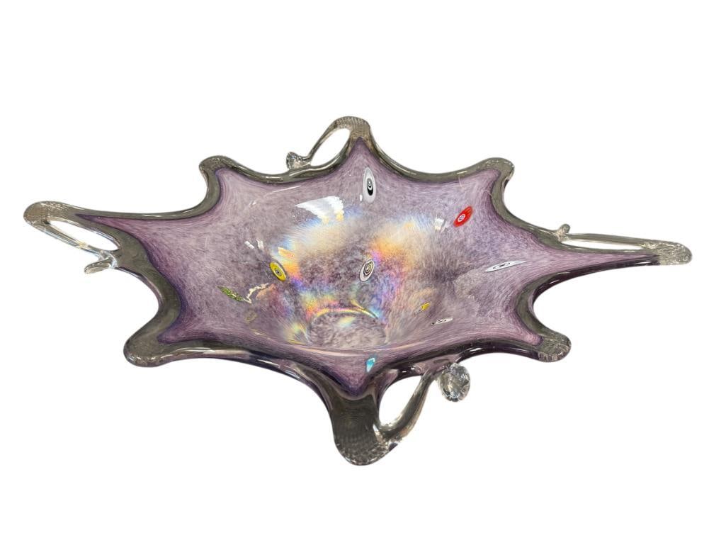LARGE HAND BLOWN ART GLASS FREE FORM MILLEFIORI CENTERPIECE BOWL IRIDESCENT SHEEN: PURPLE ART GLASS BOWL WITH CLEAR RIM, NO CHIPS OR CRACKS 20" X 16" X 4 1/2" 