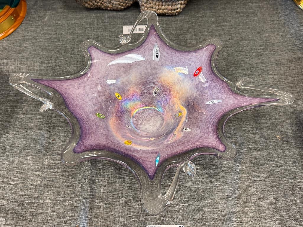 LARGE HAND BLOWN ART GLASS FREE FORM MILLEFIORI CENTERPIECE BOWL IRIDESCENT SHEEN - 2