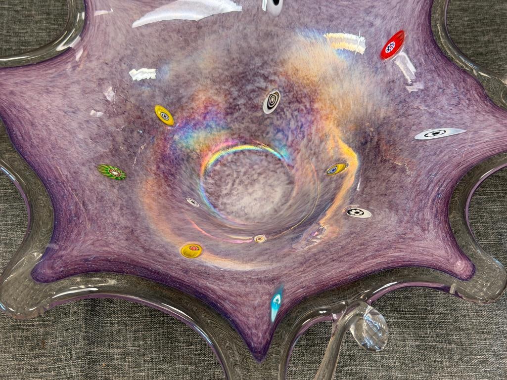 LARGE HAND BLOWN ART GLASS FREE FORM MILLEFIORI CENTERPIECE BOWL IRIDESCENT SHEEN - 3