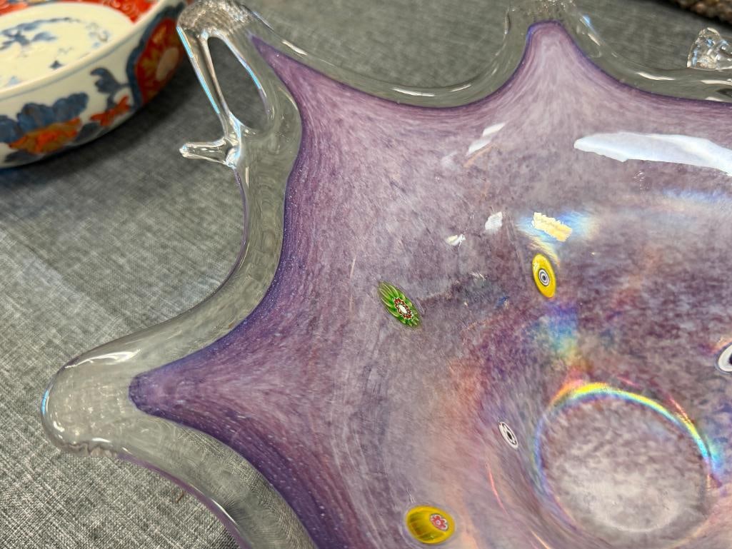 LARGE HAND BLOWN ART GLASS FREE FORM MILLEFIORI CENTERPIECE BOWL IRIDESCENT SHEEN - 5