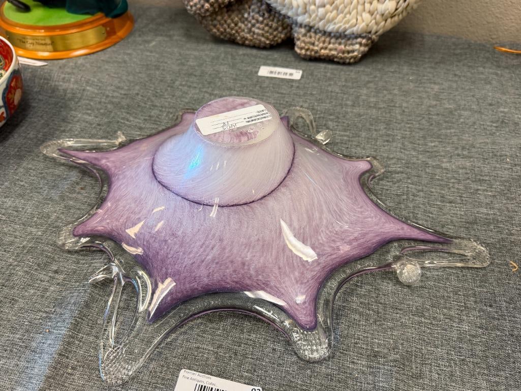 LARGE HAND BLOWN ART GLASS FREE FORM MILLEFIORI CENTERPIECE BOWL IRIDESCENT SHEEN - 7
