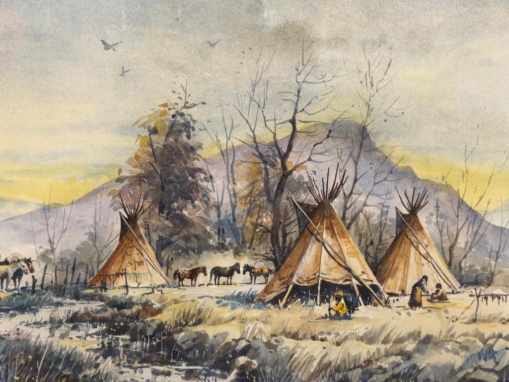 LYLE V. BALL RENOWN RENO, NV ARTIST ORIGINAL WATERCOLOR ON PAPER TITLED INDIAN CAMP #3377 - 2