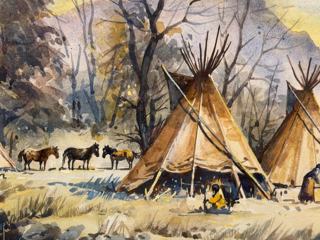 LYLE V. BALL RENOWN RENO, NV ARTIST ORIGINAL WATERCOLOR ON PAPER TITLED INDIAN CAMP #3377 - 3