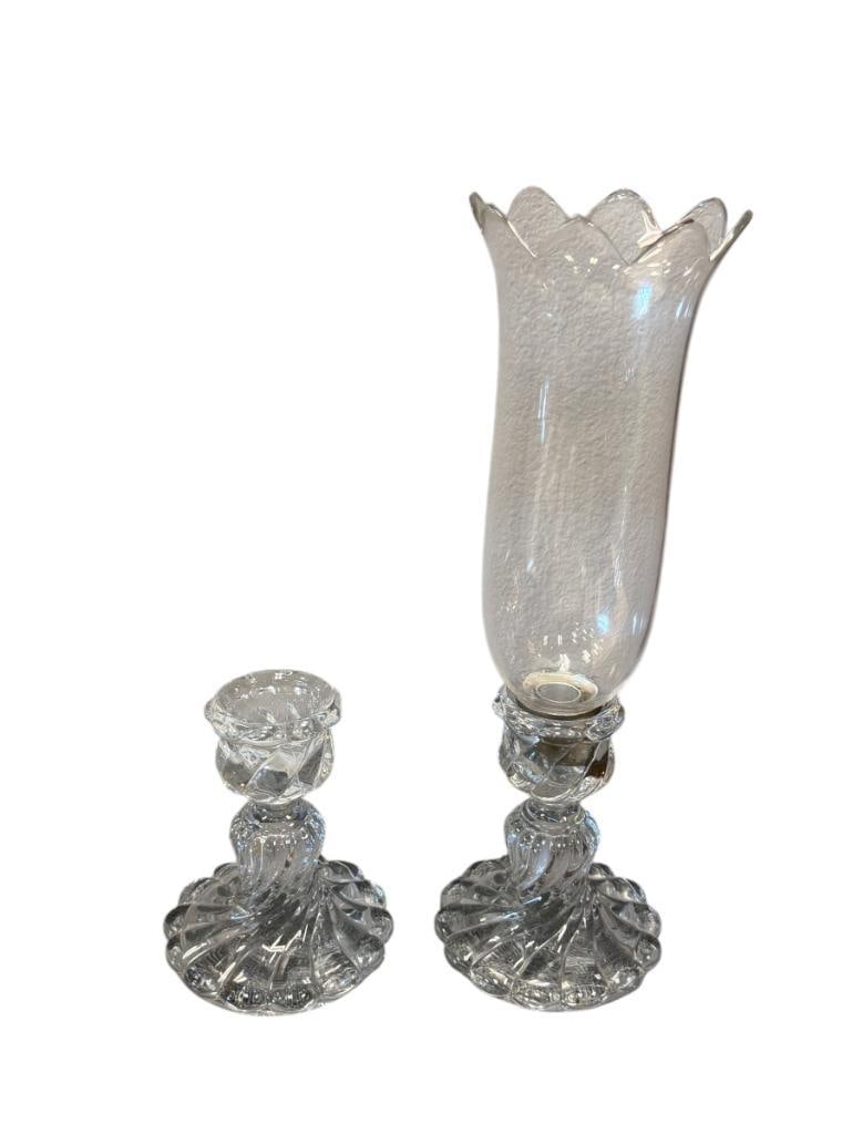 BACCARAT FINE FRENCH CRYSTAL BAMBOUS CANDLE HOLDERS: MISSING ONE HURRICANE SHADE, BOTH CANDLESTICK HOLDERS HAVE WATERMARK 16" H WITH SHADE, 6 1/4" H WITHOUT SHADE
