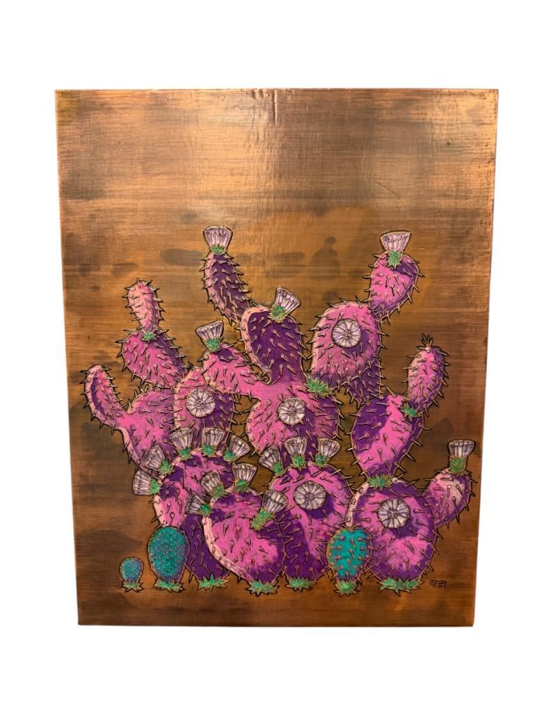 FRITZ ROTHERMEL ARIZONA ARTIST COPPER EMBOSSED ENAMELED ART OF PURPLE PRICKLY PEARS: ARTIST IS KNOWN OR DEVELOPING HIS OWN MEDIA CALLED COPPER GRAPHICS, SIGNED LOWER RIGHT 18" X 23"