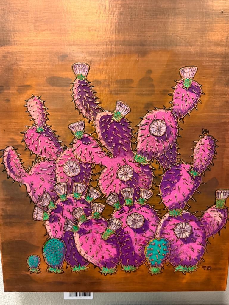 FRITZ ROTHERMEL ARIZONA ARTIST COPPER EMBOSSED ENAMELED ART OF PURPLE PRICKLY PEARS - 2
