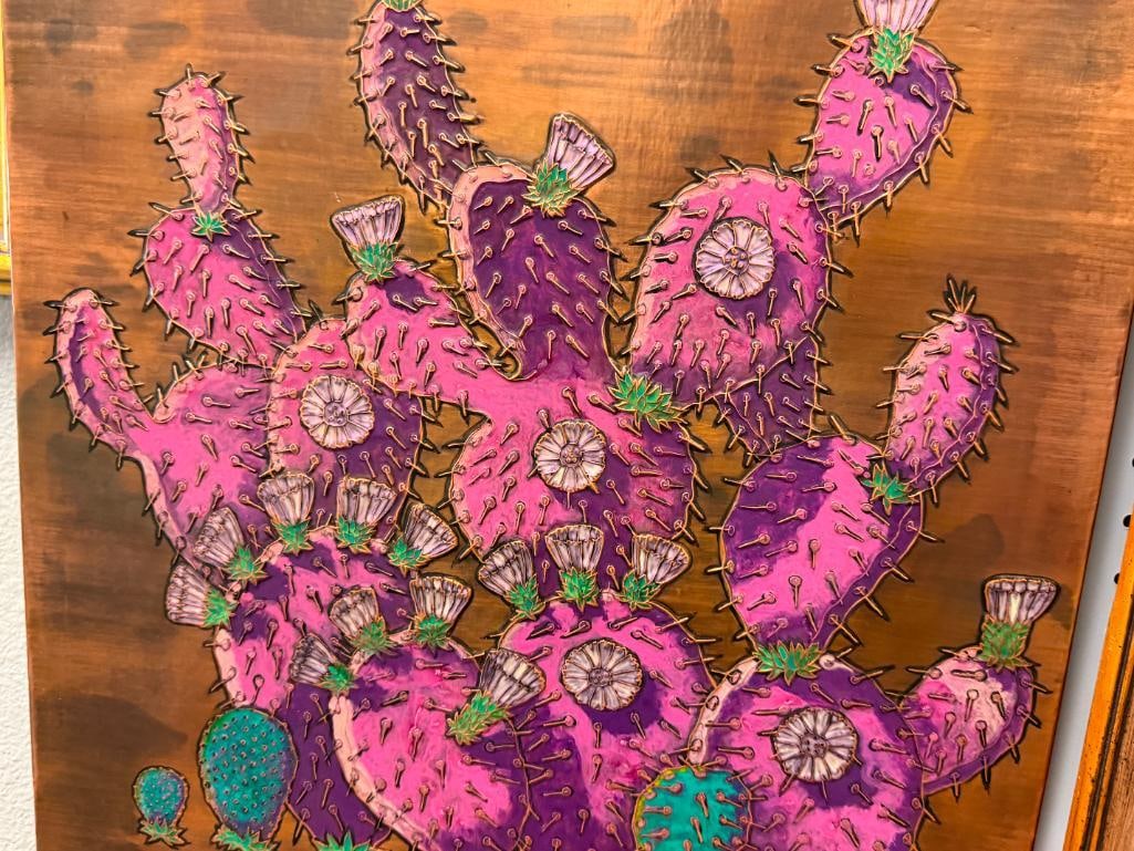 FRITZ ROTHERMEL ARIZONA ARTIST COPPER EMBOSSED ENAMELED ART OF PURPLE PRICKLY PEARS - 3