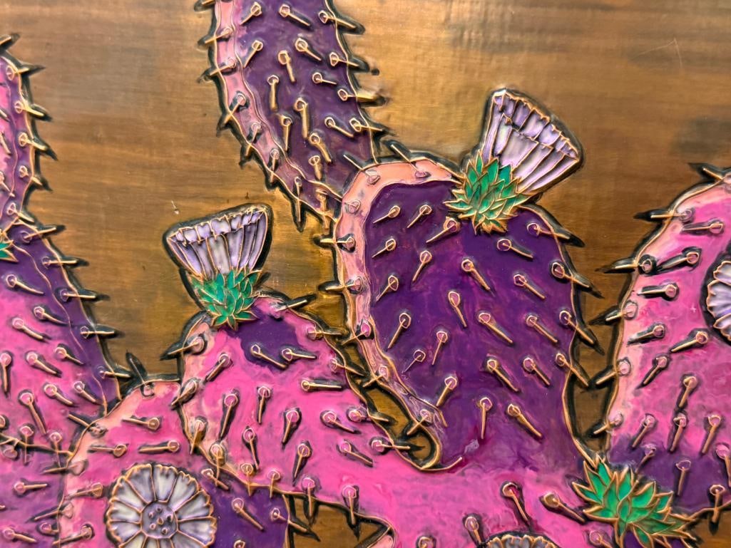 FRITZ ROTHERMEL ARIZONA ARTIST COPPER EMBOSSED ENAMELED ART OF PURPLE PRICKLY PEARS - 4