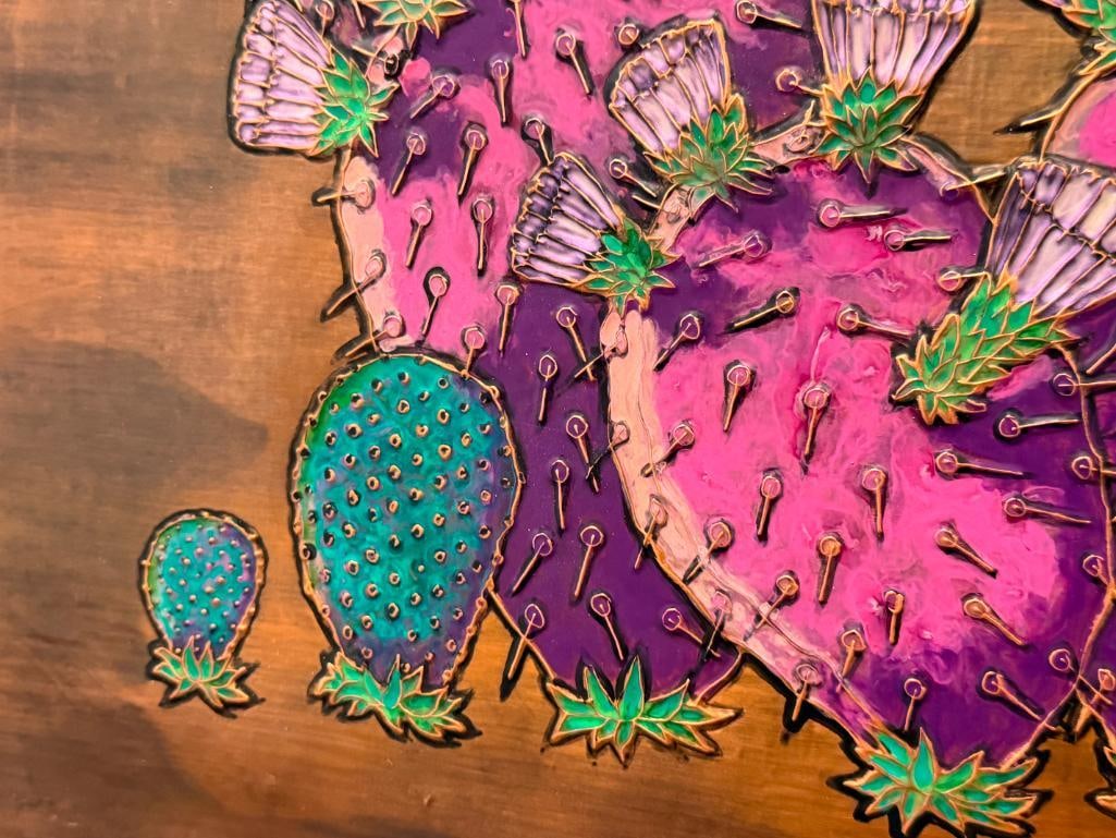 FRITZ ROTHERMEL ARIZONA ARTIST COPPER EMBOSSED ENAMELED ART OF PURPLE PRICKLY PEARS - 5