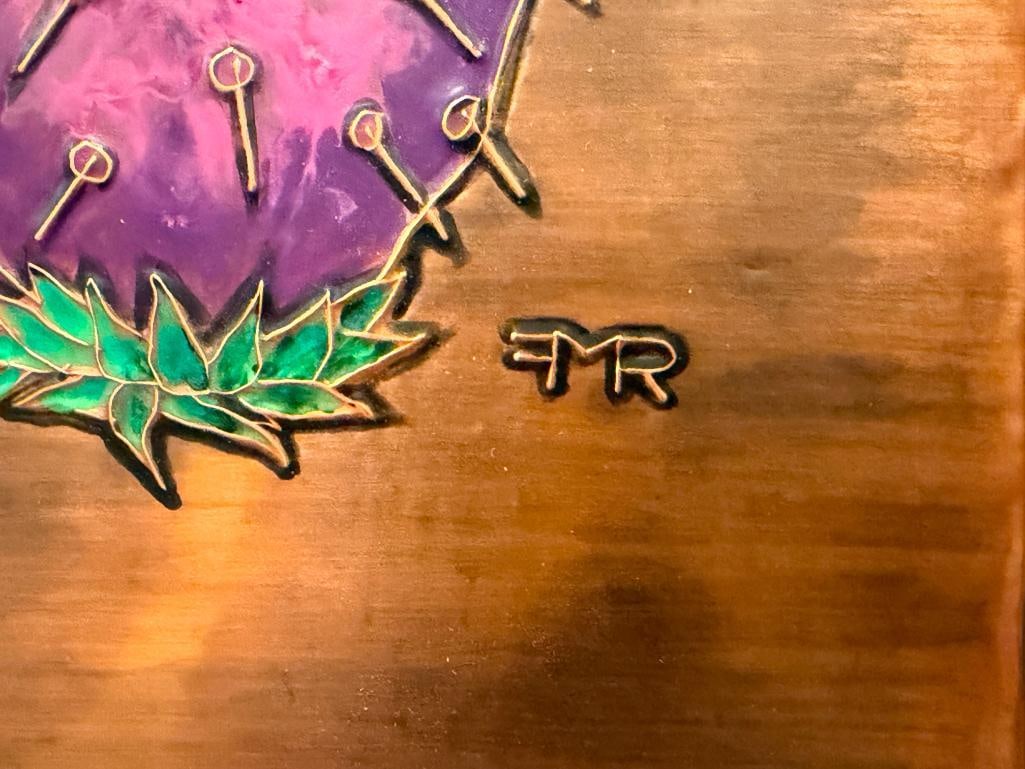 FRITZ ROTHERMEL ARIZONA ARTIST COPPER EMBOSSED ENAMELED ART OF PURPLE PRICKLY PEARS - 6