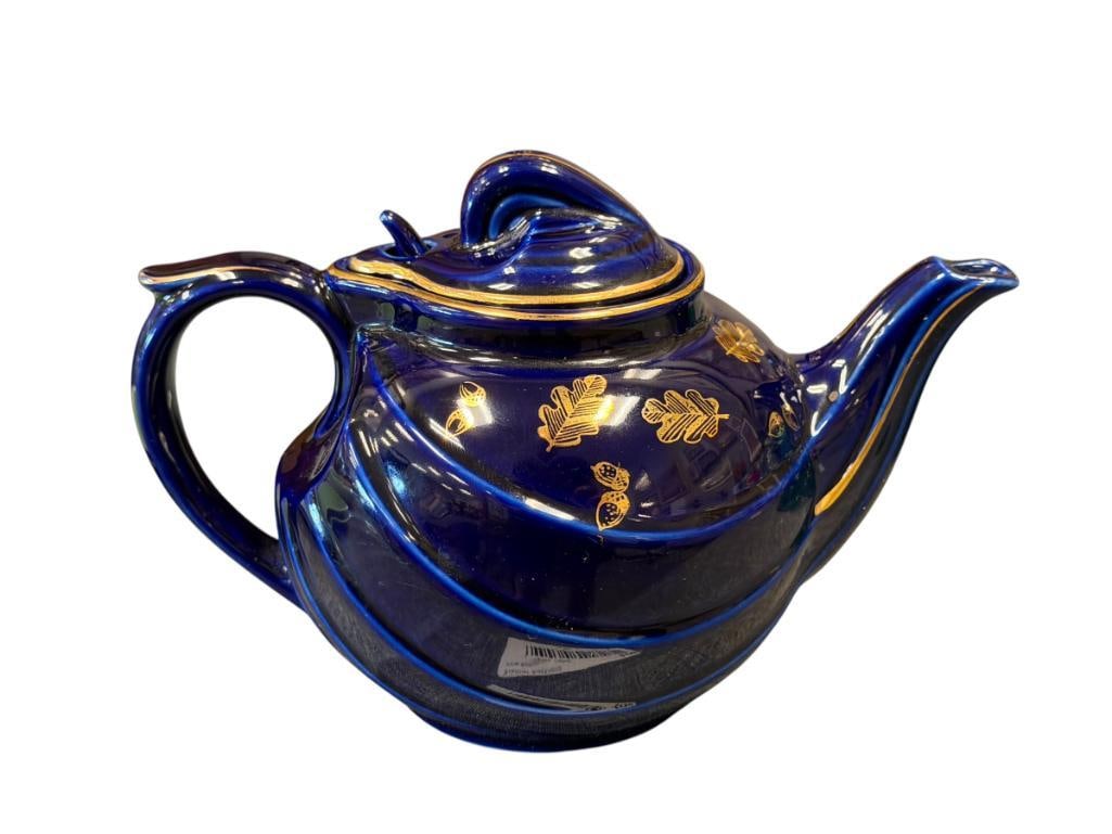 HALLL POTTERY PARADE COBALT TEAPOT WITH 24K GOLD ACCENTS: 9" L