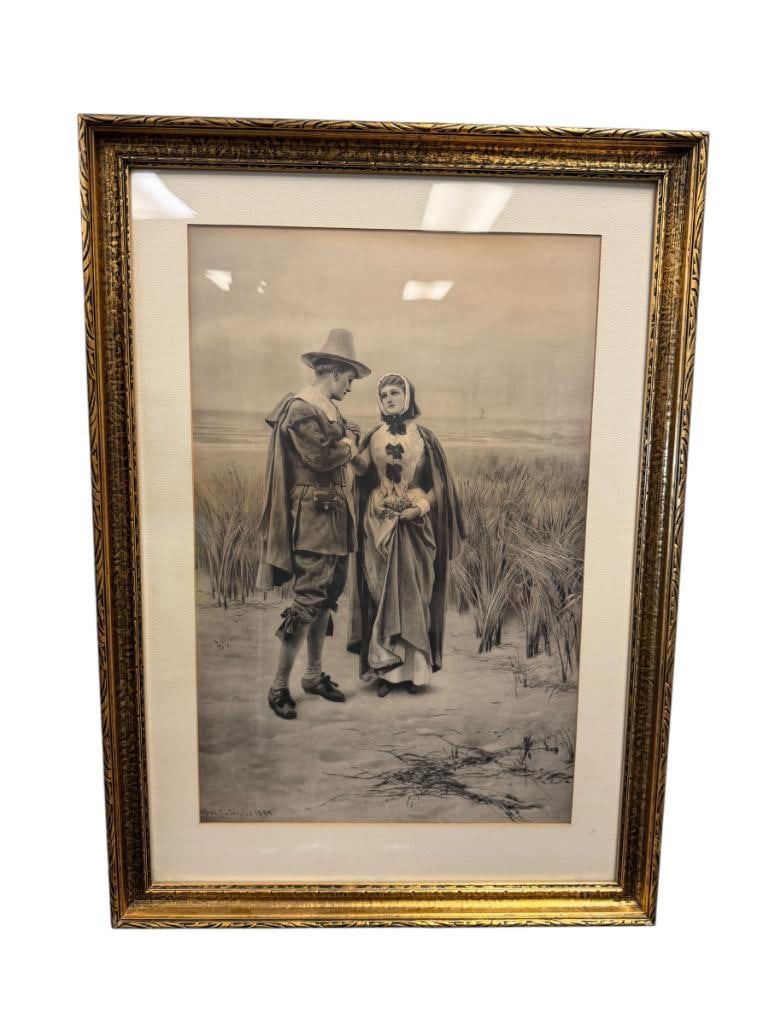 ALFRED FREDERICKS ANTIQUE PRINT TITLED THE COURTSHIP OF MILES STANDISH (1 of 7)
