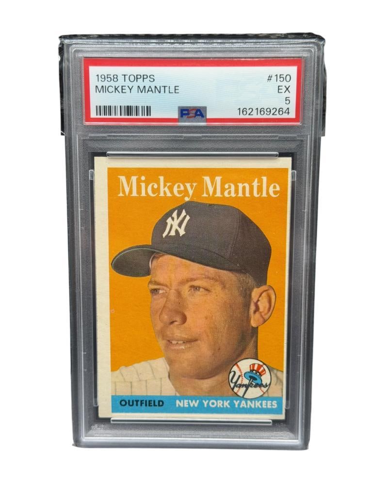 1958 TOPPS # 150 MICKEY MANTLE BASEBALL CARD PSA GRADED EX 5: PSA CERTIFICATE # 162169264, NEW YORK YANKEES, HALL OF FAMER, RARE CARD, FROM THE ESTATE OF A LOCAL RENO, NV DOCTOR AT RENOWN WHO RAN BIG LEAGUE SPORTS MEDICINE BASEBALL CAMP FOR NEARLY 20 YEARS,