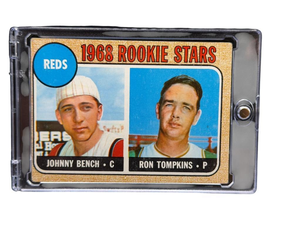 1968 TOPPS #247 1968 ROOKIE STARS JOHNNY BENCH AND RON TOMPKINS BASEBALL CARD: DUAL ROOKIE CARD, 1968 REDS' ROOKIE STARS, JOHNNY BENCH IS HALL OF FAMER, RARE CARD, SEE PHOTOS FOR CONDITION, FROM THE ESTATE OF A LOCAL RENO, NV DOCTOR AT RENOWN WHO RAN BIG LEAGUE SPORTS MEDICINE