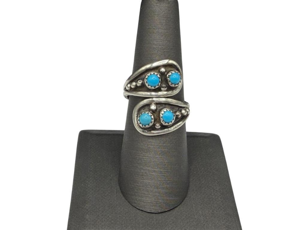 VINTAGE NAVAJO STERLING SILVER BYPASS TURQUOISE RING: FEATURING FOUR ROUND CABOCHON TURQUOISES SIZE 8 1/2 BUT ADJUSTABLE, 1" FRONT, 5.65 GRAMS