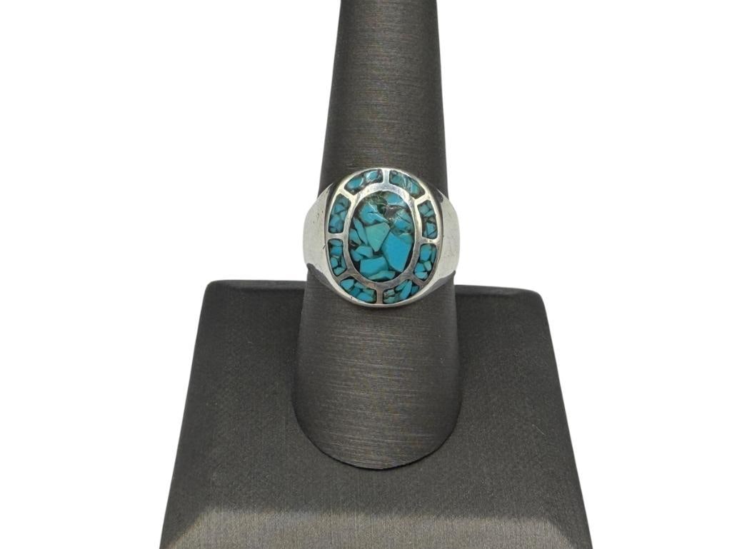 VINTAGE STERLING SILVER CRUSHED TURQUOISE NATIVE AMERICAN DESIGN RING (1 of 5)