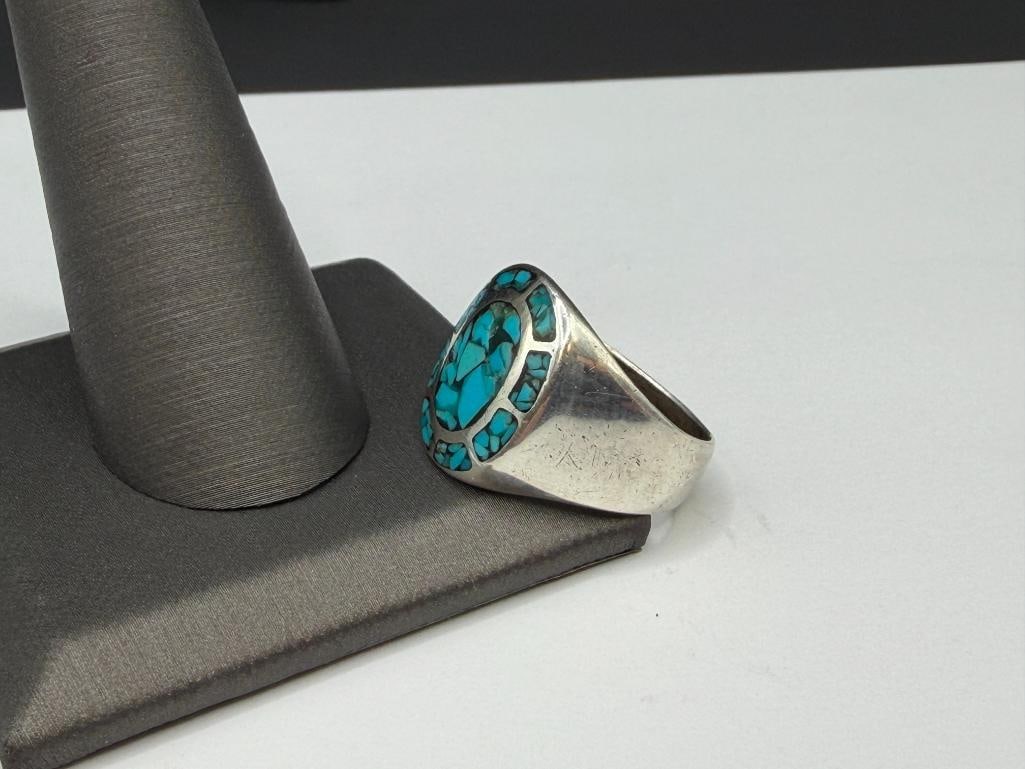 VINTAGE STERLING SILVER CRUSHED TURQUOISE NATIVE AMERICAN DESIGN RING - 3