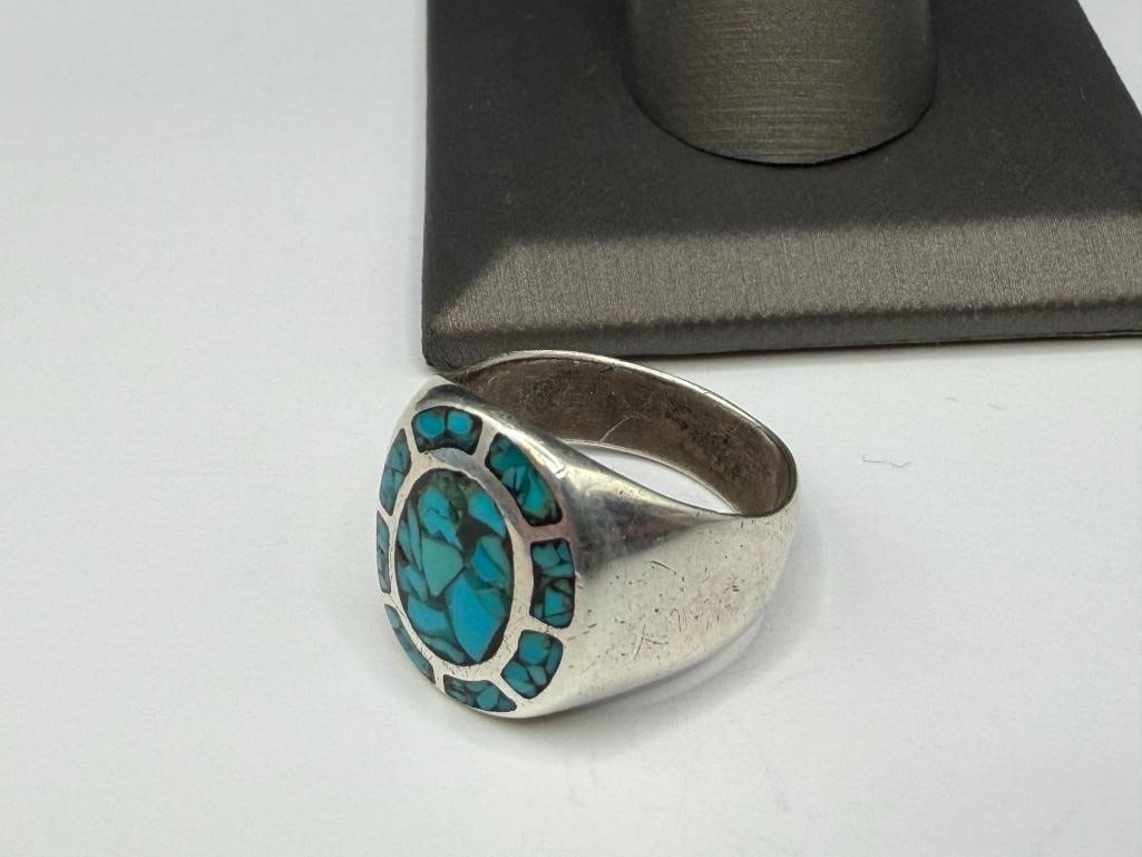 VINTAGE STERLING SILVER CRUSHED TURQUOISE NATIVE AMERICAN DESIGN RING - 5