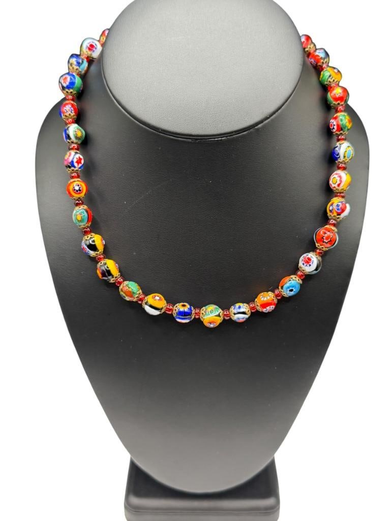 ITALIAN MILLEFIORI ART GLASS BEAD NECKLACE: FEATURING VIBRANT ART GLASS BEADS AND BRASS BARREL CLASP 16", 8MM BEADS
