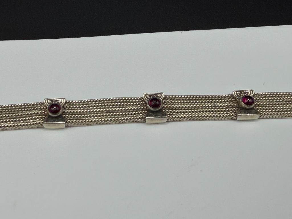 ANATOLI STERLING SILVER ROUND CABOCHON GARNET MULTI-STRAND BRACELET - 2