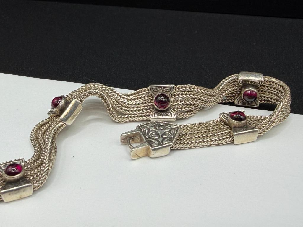 ANATOLI STERLING SILVER ROUND CABOCHON GARNET MULTI-STRAND BRACELET - 3