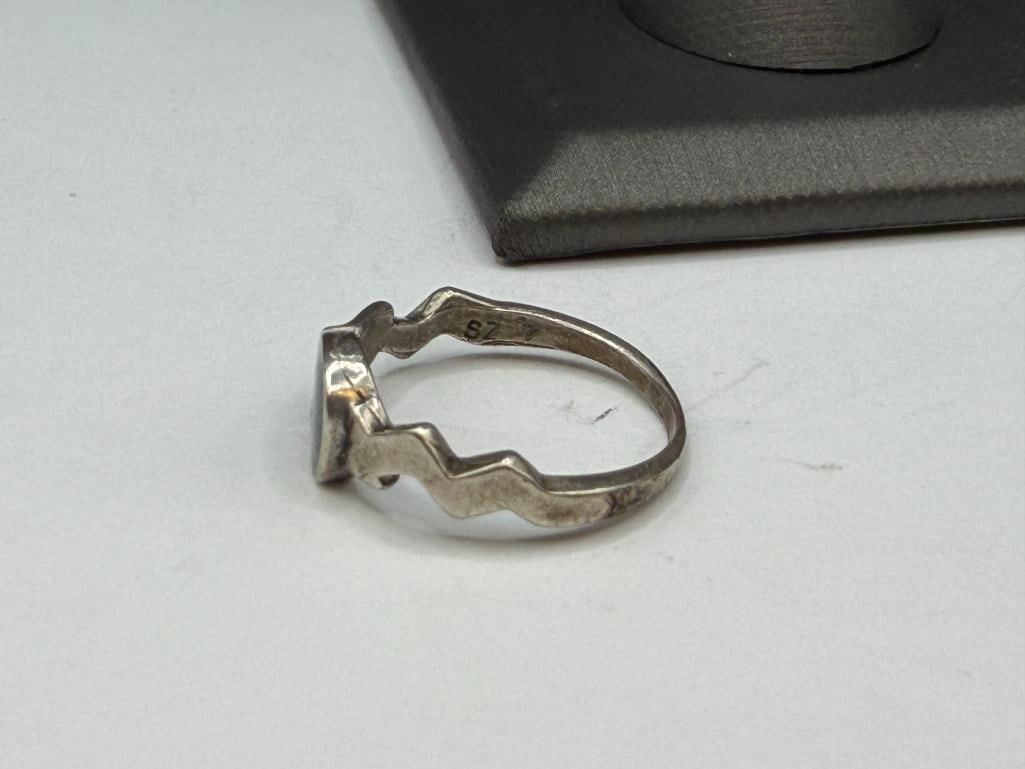 STERLING SILVER NAVAJO BEAR FETISH GREEN ENAMEL RING - 5